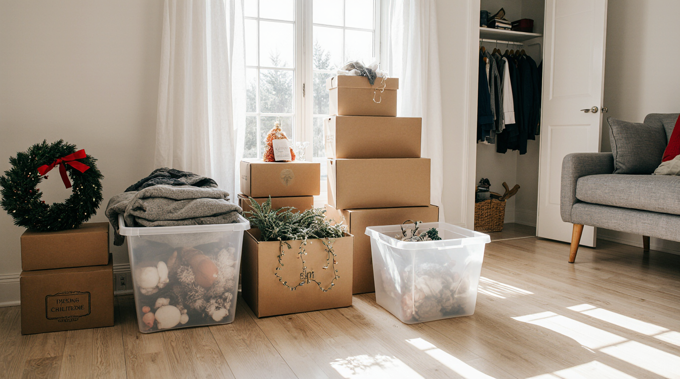 Bright, naturally lit living room in early January with neatly stacked cardboard moving boxes and clear plastic storage bins filled with holiday décor. A wreath, folded winter blankets, and seasonal greenery are being organized near a window, while an open closet and uncluttered furniture suggest the start of a home decluttering process after the holidays.